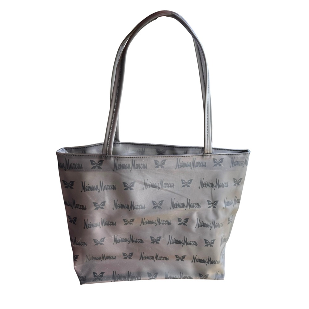 Neiman Marcus Silver Metallic Logo Butterfly Print Tote Bag‎ Shopper Grey Pink